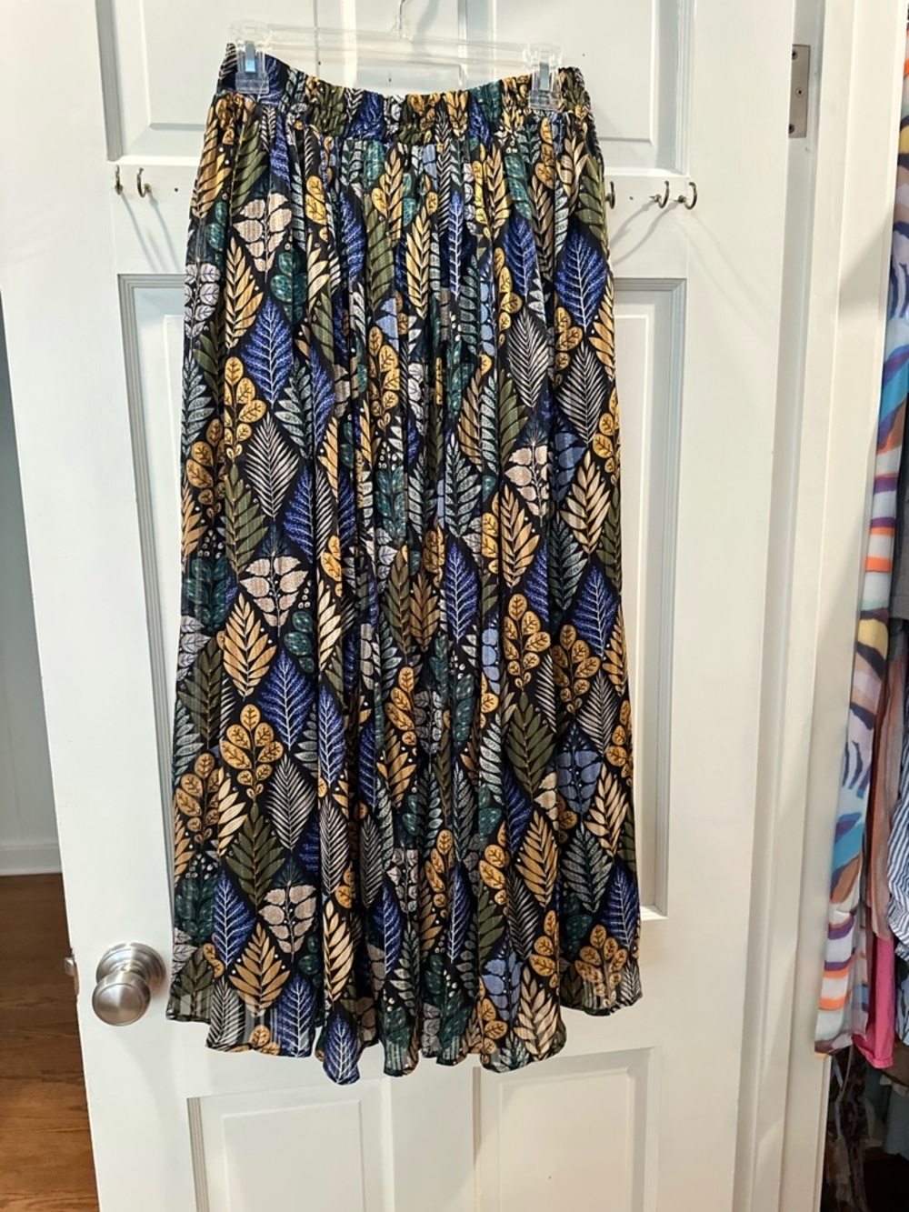 Molly Bracken Black Maxi Skirt with Blue, Green & Gold Leaf Print